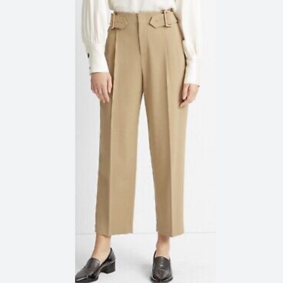 Club Monaco Pants - Club Monaco Tan High-Waist Belted Trousers